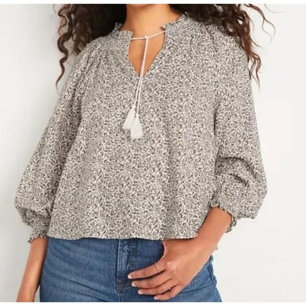 NWT Old Navy Oversized Long-Sleeve Smocked‎ Linen-Blend Top Ditsy Floral Sz 2X